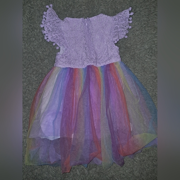 Colorful Purple Pom Pom Sleeve Rainbow Tulle Dress - Picture 3 of 6